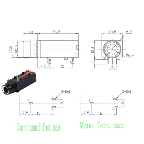 Conector Jack Mono 6.35mm Femenino PCB 15 piezas miniatura 5