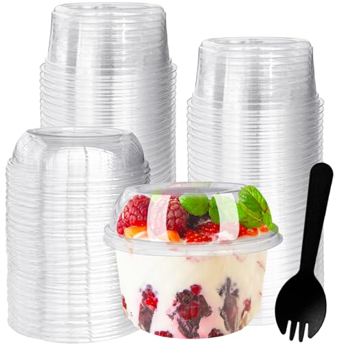 Tiaiidi 50 Pack 12 oz Disposable Clear Plastic Cups with Dome Lids and Spoons Plastic Dessert Cups Disposable Snack Bowls for Ice Cream Cake Snacks Fruit Cold Drinks Milkshake Pudding Salad
