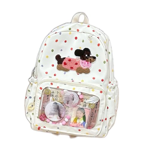 Colorful Polka Dot Backpack with Embroidered Dog Design - Waterproof Nylon Material and Transparent Layer (Scarf Puppy)