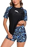 Halcurt Women's Rash Guards Short Sleeve Swim Set Two Piece Swimsuit Shirt and Board Shorts Blue Floral 2XL