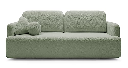 Dreisitzer-Sofa Lambina mit Schlaffunktion, Bettkasten, Boucle-Bezug in Salbeigrün