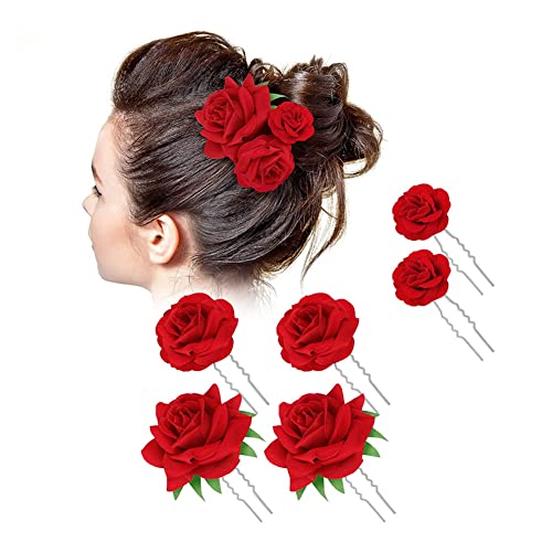 6PCS Women Red Rose Flower Hairpins Hair Fork Clips U Shaped Bridal Head Bobby Pins Sticks Floral Clips Mexican Hair Rose Barrettes for Lady Girls Wedding Party Dance (Small - Image 3