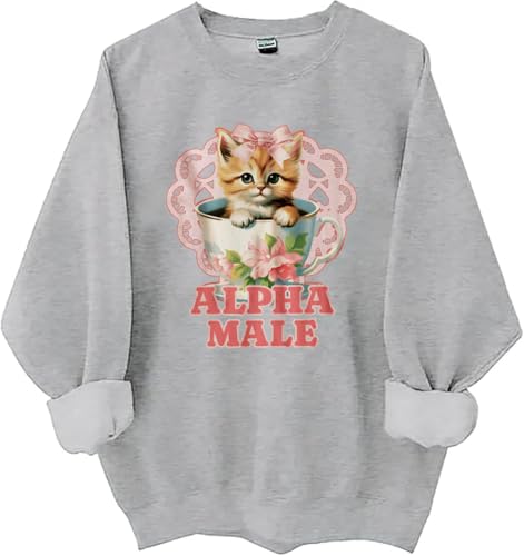 LNDOCAI Alpha Male Cat Sweatshirt, Alpha Male Kitten In Teacup Hoodie, Cute Vintage Cat With Bow Graphic Shirt Grey