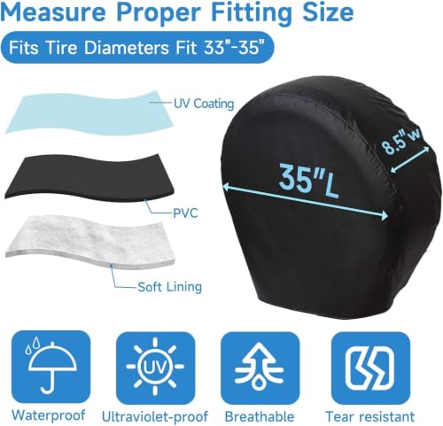 Image of VINPATIO RV Tire Covers 4 Pack, Waterproof Thickening Leather Tire Cover for RV Wheel Trailer Camper, Universal Fits Tire Diameters 33-35 inches, Black