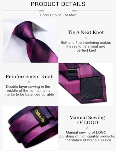 Image of DiBanGu Plaid Ties for Men Silk Checkered Necktie and Pocket Square Cufflinks Tie Clip Set with Gift Box for Wedding Business