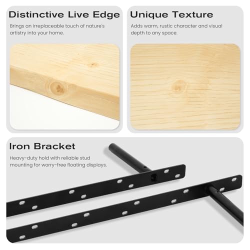 Image of 23.6 Inch Wood Floating Shelves for Wall, Set of 2 Heavy-Duty Wall Shelves with Sturdy Natural Wood Construction, Space-Saving Organizer for Bathroom, Bedroom, Living Room, Kitchen, and Office
