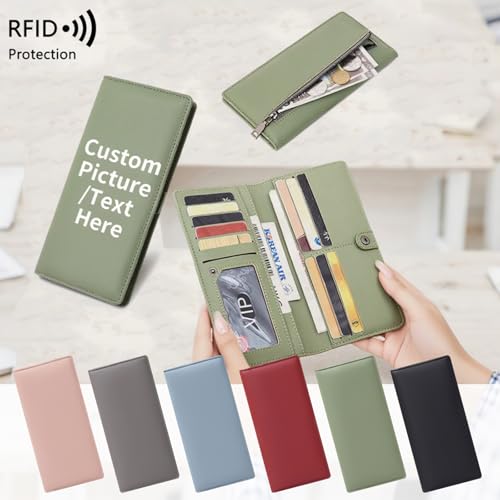 Personalized Wallet for Women – Custom RFID Blocking PU Leather Long Purse, Slim Bifold Zipper Clutch, Card Holder Wristlet Wallet,Multiple Colors Option4