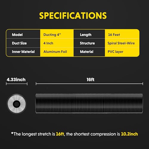 Image of iPower Flexible 4 Inch 16 Feet Aluminum Ducting 4 Layer Protection Dryer Vent Hose for HVAC Heating Cooling Ventilation and Exhaust, 2 Clamps Included, Black