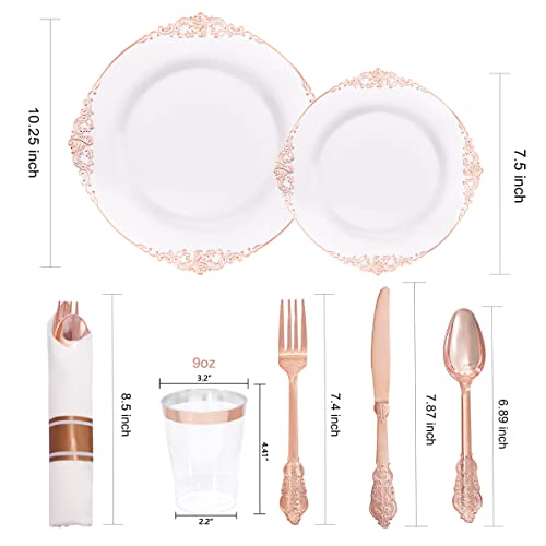 Hioasis 350Pcs Rose Gold Plastic Plates & Rose Gold Disposable Plates Include 50Dinner Plates 50Dessert Plates 50 Rolled Napkins With Rose Gold Cutlery 50Cups For Weddings & Parties #TOP1