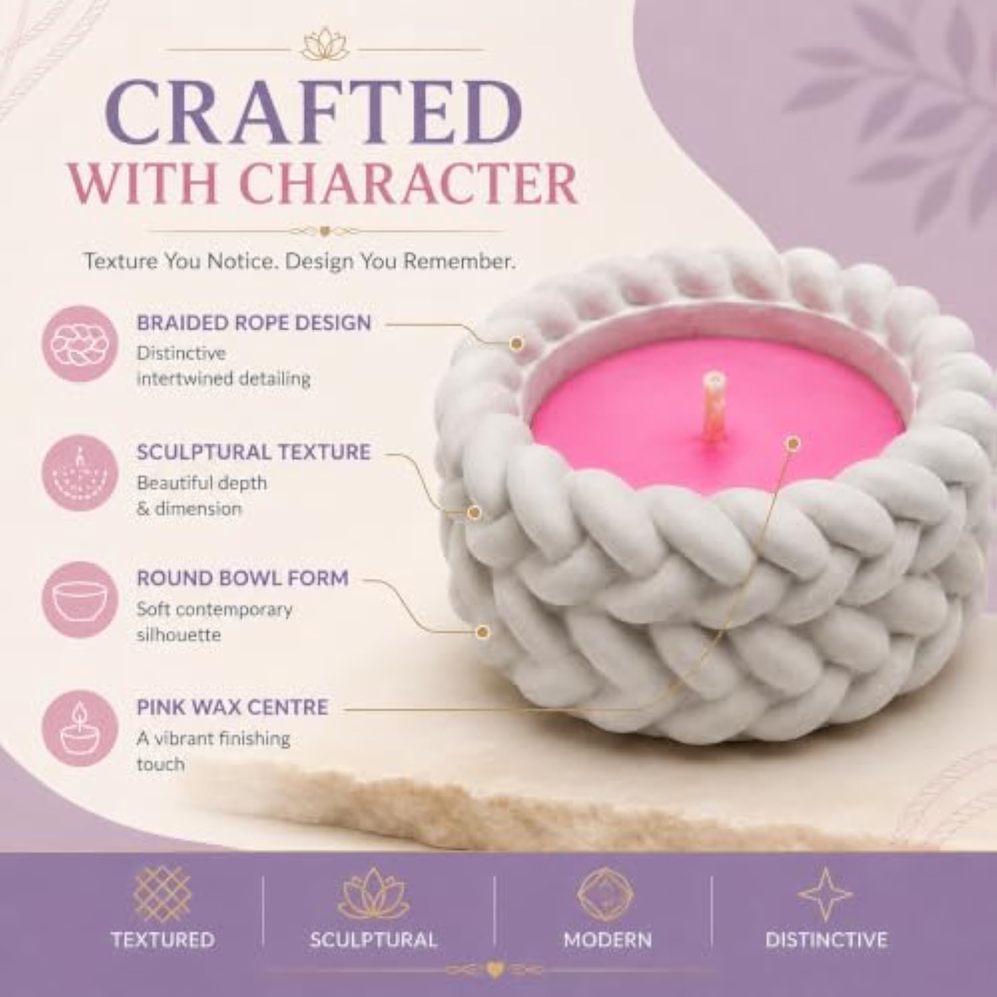 Modern Braided Pink Wax Candle, Decorative Gift