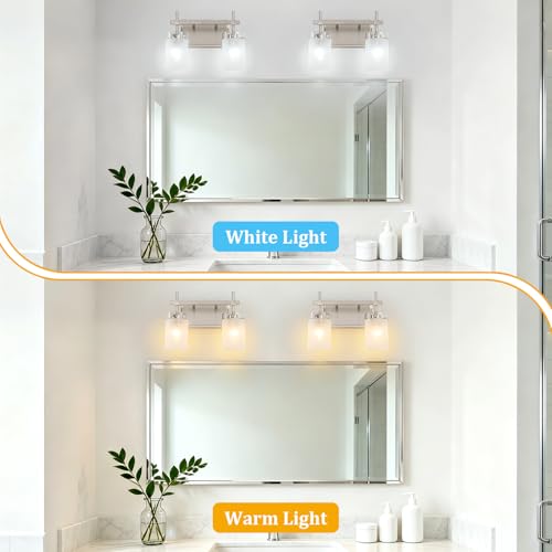 Image of 2-Light Brushed Nickel Vanity Light with White Linen Frosted Glass E26 Socket,Bathroom Light Fixture,Modern Wall Light Over Mirror(Bulbs Not Included)