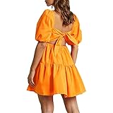 OWNGIGI Women's Summer Dress Square Neck Puffy Short Sleeve Loose Tie Back Casual A-Line Mini Dresses Orange