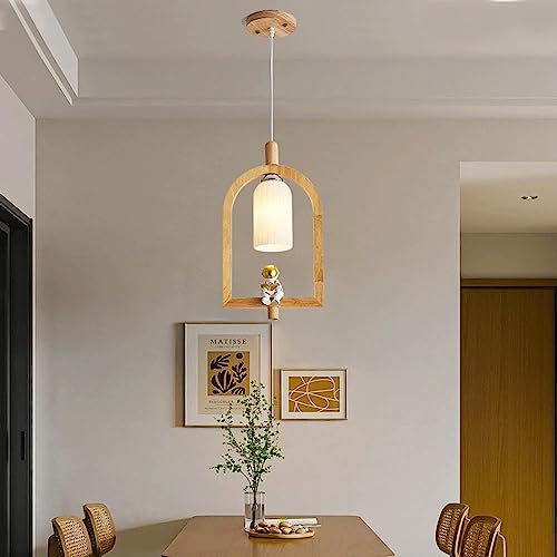 Suspension en bois véritable style campagnard et globe en verre opalin chic - 6