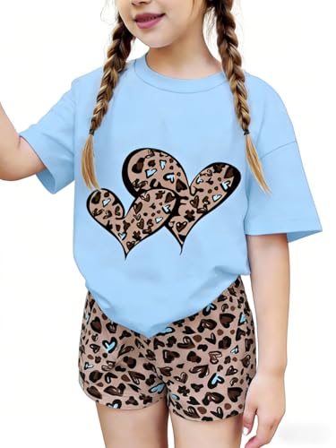 Axumity Tween Girls 6-12 Years Summer 2-Piece Outfit Set - Heart Decor Short-Sleeve Top & Leopard Print Shorts Casual Clothing Set size 7 8