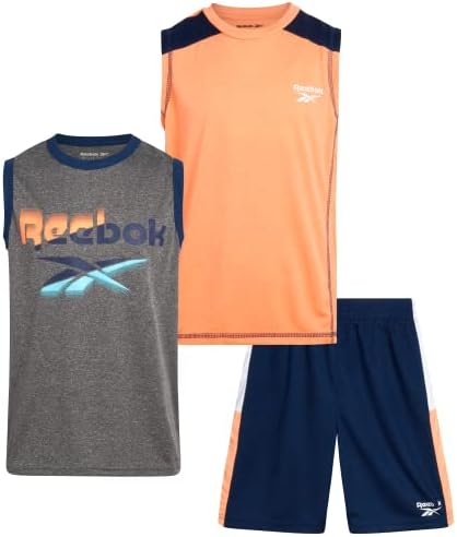 Reebok Boys' Active Shorts Set - 3 Piece Performance T-Shirt, Tank Top, and Shorts - Athletic Clothing Set for Boys (8-12), Size 10, Grey/Light Orange/Navy