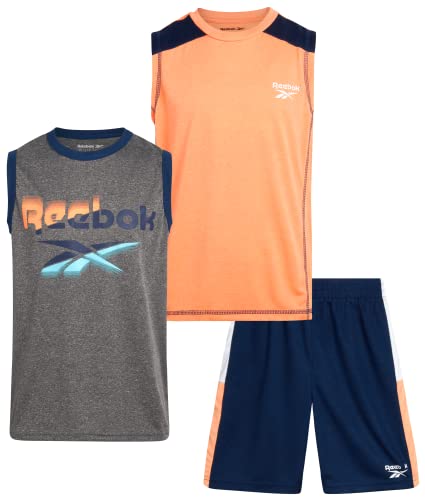 Reebok Boys' Active Shorts Set - 3 Piece Performance T-Shirt, Tank Top, And Shorts - Athletic Clothing Set For Boys (8-12), Size 10, Grey/Light Orange/Navy #TOP3