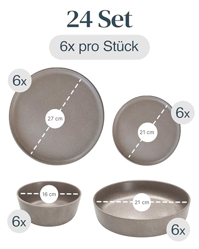 Steingut Geschirrset 6 Pers. 24-tlg Hochwertiges Urban Style TEST SEHR GUT Steingut Geschirr Set - Schüssel- und Teller Set - Tafelservice 6 Personen Geschirrsets Pure Living in matt Grau-braun