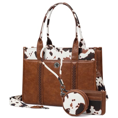 ACUARIO Tote Handbag Set, Tote Bag for Women,Western Cow Print Purse Desogmer,Top Handle Handbags (White And Brown NOT Grey 10, Large)