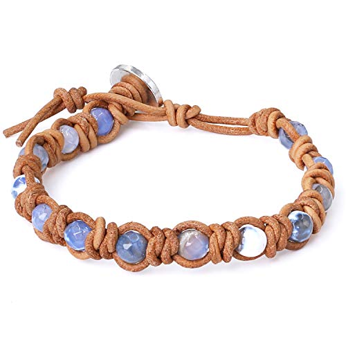 Image of KELITCH Agate Crystal Beaded Strand Bracelet Silver Skull Leather Wrap Bracelet