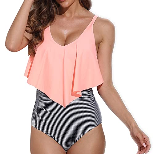 Tankini de controle de barriga estampado com babados,Tankini babado de controle de barriga de babado