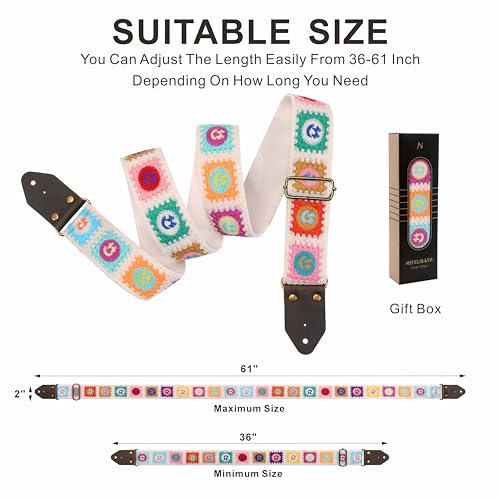 Image of Nefelibata Guitar Strap,Jacquard Embroidery Cotton Guitar Straps with Crazy Horse Leather Ends for Bass, Electric & Acoustic, Best Gifts for Kids, Guitarists(Smiling White Embroidery)