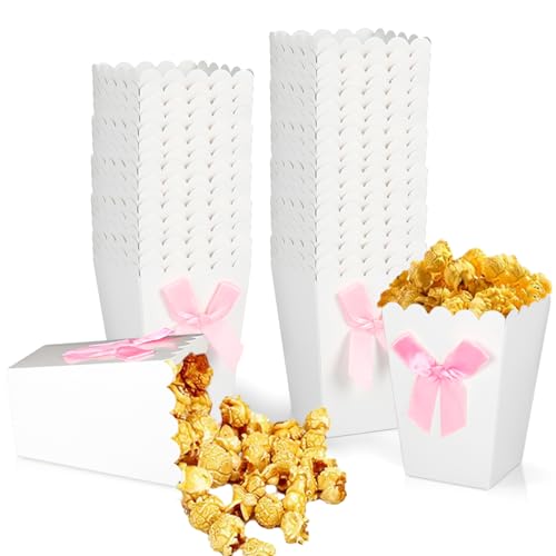 Image of JarThenaAMCS 36Pcs Mini Popcorn Boxes White Popcorn Buckets with Pink Bow Paper Candy Goodie Box for Movie Night Party Supplies, 4.2 x 3 x 2.2 Inch