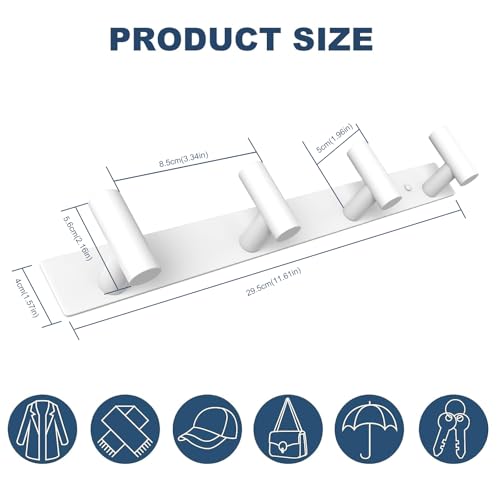 Image of VAEHOLD Hat and Coat Wall Mount Rack - Hooks for Robes, Bags, Keys, and Towels - Bathroom Towel Hanger Organizer (White, inchT inch Shape 4 Hooks 2 Pack)