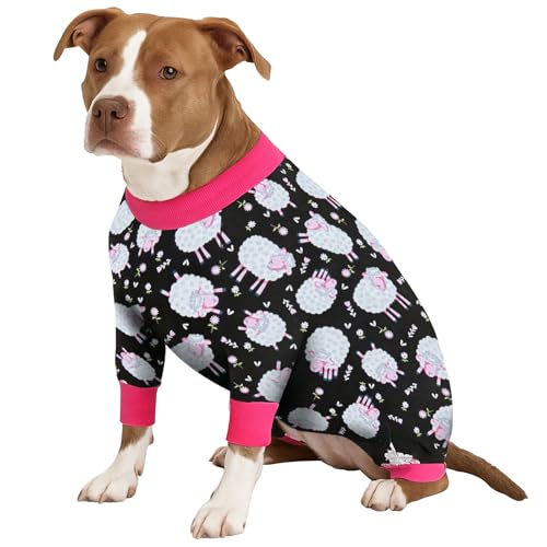 LovinPet Dog Onesie XL - Anxiety Calming Dog Jumpsuit, Lightweight Onesie, Black Sheep Print, Large Dog Pjs, Long Sleeve Pullover for Dogs/XL