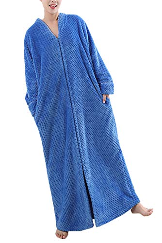 DSNOW - Albornoz largo de forro polar con cremallera para mujer, con diseño de gofre y toalla esponjosa, bata de dormir, azul, XL