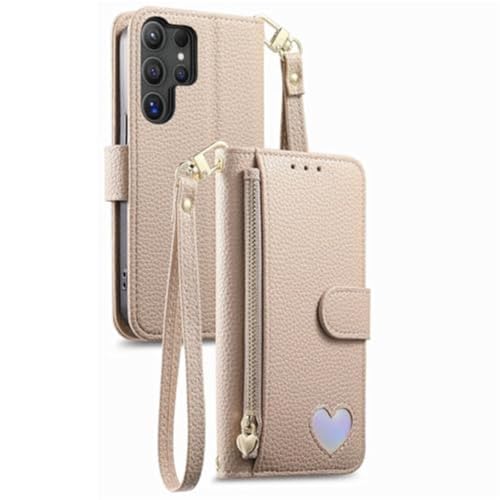 Étui portefeuille Galaxy S26 Plus en similicuir kaki avec fermeture éclair et dragonne