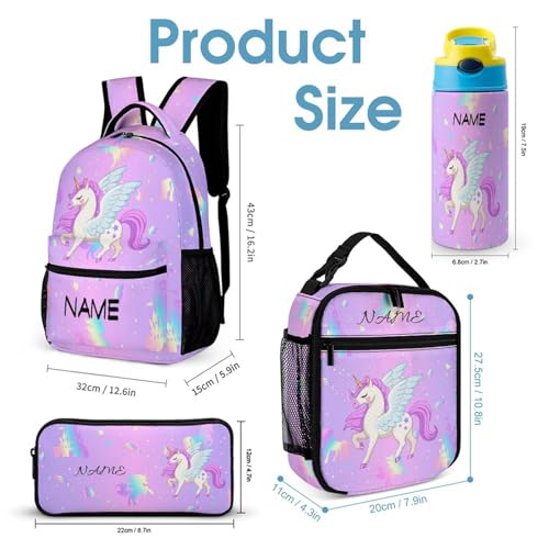 Custom Pink Unicorn Galaxy Kids Backpack for Girls Boys Personalized Add Your Name 4Pcs School Bag with Lunch Bag Pencil Bag Water Bottle Customization Backpack Set2