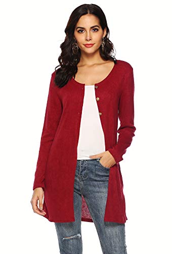 Uhnice Women Long Sleeve Open Front Cardigans Lightweight Round Neck Blouse Tops (Large, Red) #TOP1