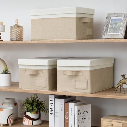 Image of GRANNY SAYS Storage Basket with Lid, Linen Fabric Storage Bins with Label, Decorative Storage Boxes, Clothes Storage and Organization, Memory Keepsake Box, 3-Pack, Medium, Khaki&Ivory