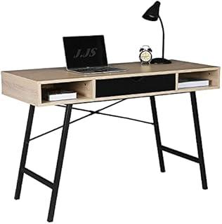 JJS Home Office Writing Desk with Drawers, Modern Computer Study Wooden Desk Table Laptop PC Workstation with Storage, Mid Century Black