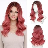 Niceone Hair Ombre Pink Medium Length Wigs for Women 18 Inch Middle Part Synthetic Hair Wavy Wig - Natural Hairline Hair for Daily Party/Halloween Use(Ombre Pink,18 Inch)