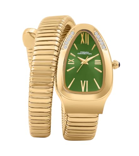 French Connection Eternelle Curve | Green Dial with Rose Gold Case | Flexible Wrap Bracelet Strap | Crystal Accent Design | Roman Numerals Analog Watch for Women - FCN0142NGM