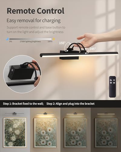 Image of KDG LED Cordless Wall Picture Light with Remote, 7000mAh Rechargeable Dimmable Art Lighting, Adjustable Swing Arm, Picture Frame Light for Gallery, Living Room, Hallway, 24 inch, Black