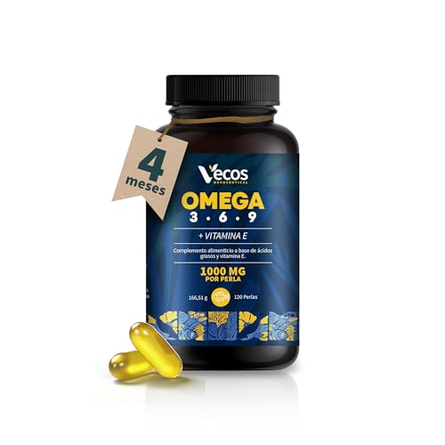 Omega 3-6-9 1000mg - 120 Cápsulas de Aceite de Pescado, Lino y Onagra - Con Vitamina E - Ácidos Grasos Esenciales para Salud Cardiovascular