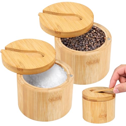 QINGLANG Paquete de 2 cuencos de bambú para sal y pimienta, caja de especias con tapa giratoria magnética y cuchara, bodega de sal y caja de almacenamiento, contenedor de condimentos para sal,
