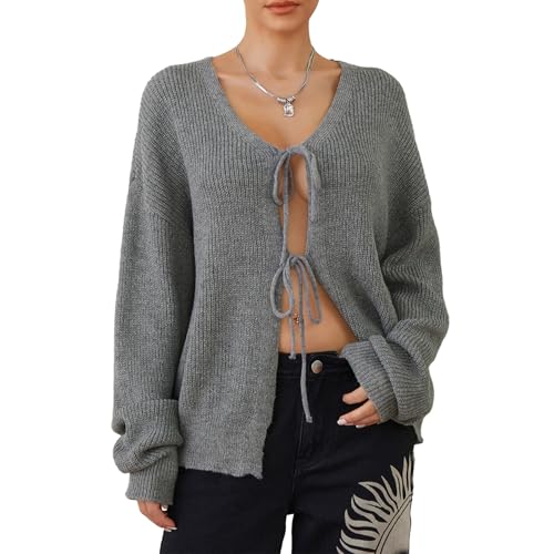 Women's Bow Tie Front Coqutte Cardigan Y2k Vintage Cyber Punk Sweaters Knitted Long Sleeve Top Fairy Grunge Clothes
