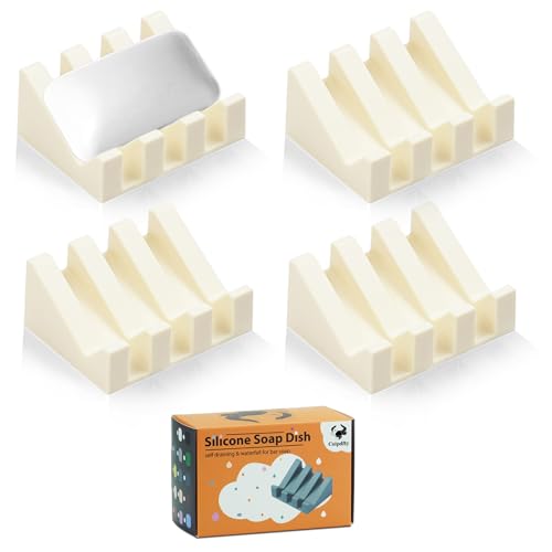Coipdfty Self Draining Soap Dish Holder,Silicone Soap Dish,for Bathroom,Kitchen, Sponges，Can Extend Soap Life，Keep Soap Bars Dry and Easy Cleaning (N-Cream White,4-Pack)