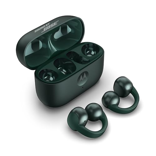 Motorola Moto Buds Loop Feat. Sound by Bose (Open-Ear-Earbuds, BT 5.4, kristallklarer Sound, Geräuschunterdrückung, kabelloses Laden, Akkulaufzeit bis zu 8 Std.) Trekking Green, speziell bei Amazon