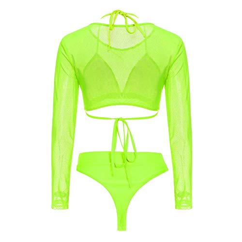 Meyeeka Women's Two Piece Long Sleeve Cover Up Bikini Sets High Waist Swimsuit M Lemon Green