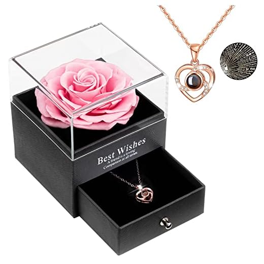 Sunia konserverad äkta ros, evig handgjord bevarad ros med I Love You-halsband på 100 språk, gåva, förtrollad äkta ros, blomma för Alla hjärtans dag, årsdag, bröllop, romantisk gåva till henne.