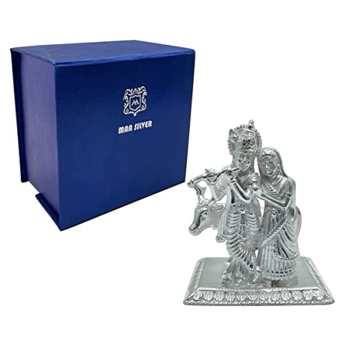 Image of MAA SILVER Pure Silver Radha Krishna BIS Hallmarked Solid Idol /Murti Playing Flute with Cow & Rectangle Base Perfect for Gifting & Pooja Use (925 Purity)(230 Grams Silver)