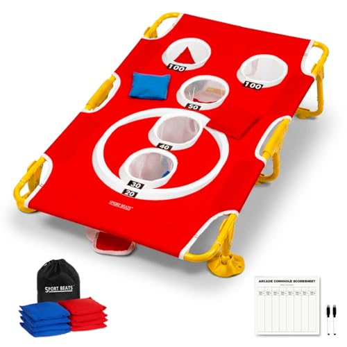 Cornhole Game Set - Foldable Portable Bean Bag Toss for Family Tailgate & Beach - Sturdy Metal Frame 5-Hole Arcade Style with 8 Bags & 8 Fun Games Scoreboard - Tool-Free Instant Setup