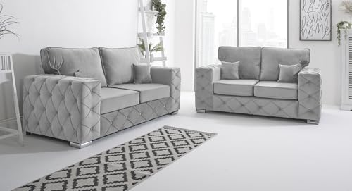 Sofahub Milton Silver Plush Velvet Living Room Sofa Set - Button Tufted Design with Foam Seats & Chrome Feet | 2 Seater, 3 Seater, 3+2 & Corner Sofa Options - Fullback Sofa (Silver, 2 Seater)