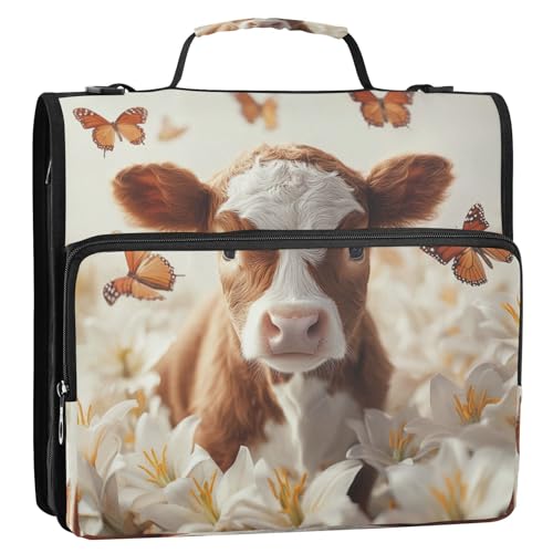 Boccsty Brown White Cow Animal Zipper Binder 3 Ring Binders Expanding File Folder Multi-Pocket Zipper Binder Organizer for School Shoulder Strap and Handle