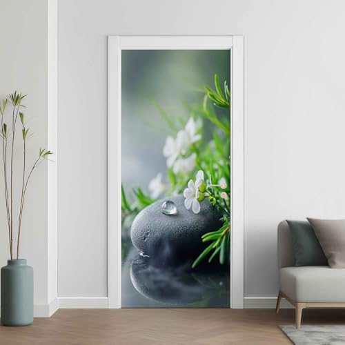 Pierre Zen Floral Sticker Mural, Plante Vert Autocollants De Porte Muraux Décoration Poster Murale, Méditation Stickers de Porte Imperméable Vinyle 80x200 cm