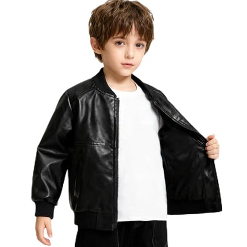 Sorzlluo Boys Faux Leather Jacket–Kids Black PU Motorcycle Bomber Coat Windproof Outerwear with Pockets (US, Age, 4 Years, Black)